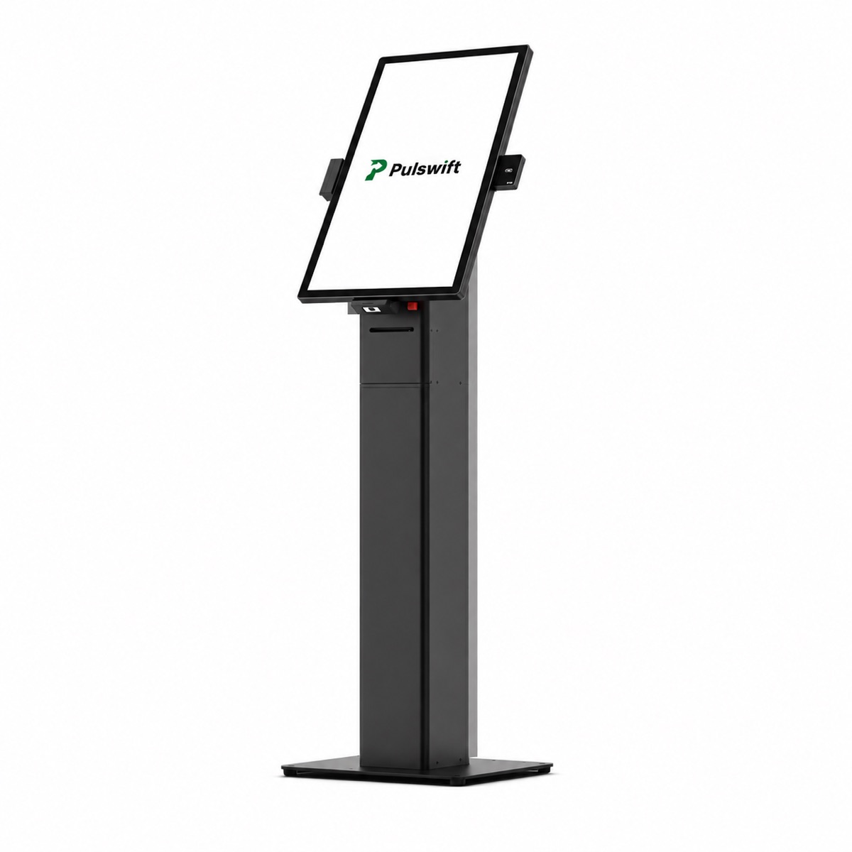 Borne de commande Pulswift sur pied, écran tactile incliné et lecteur de carte.