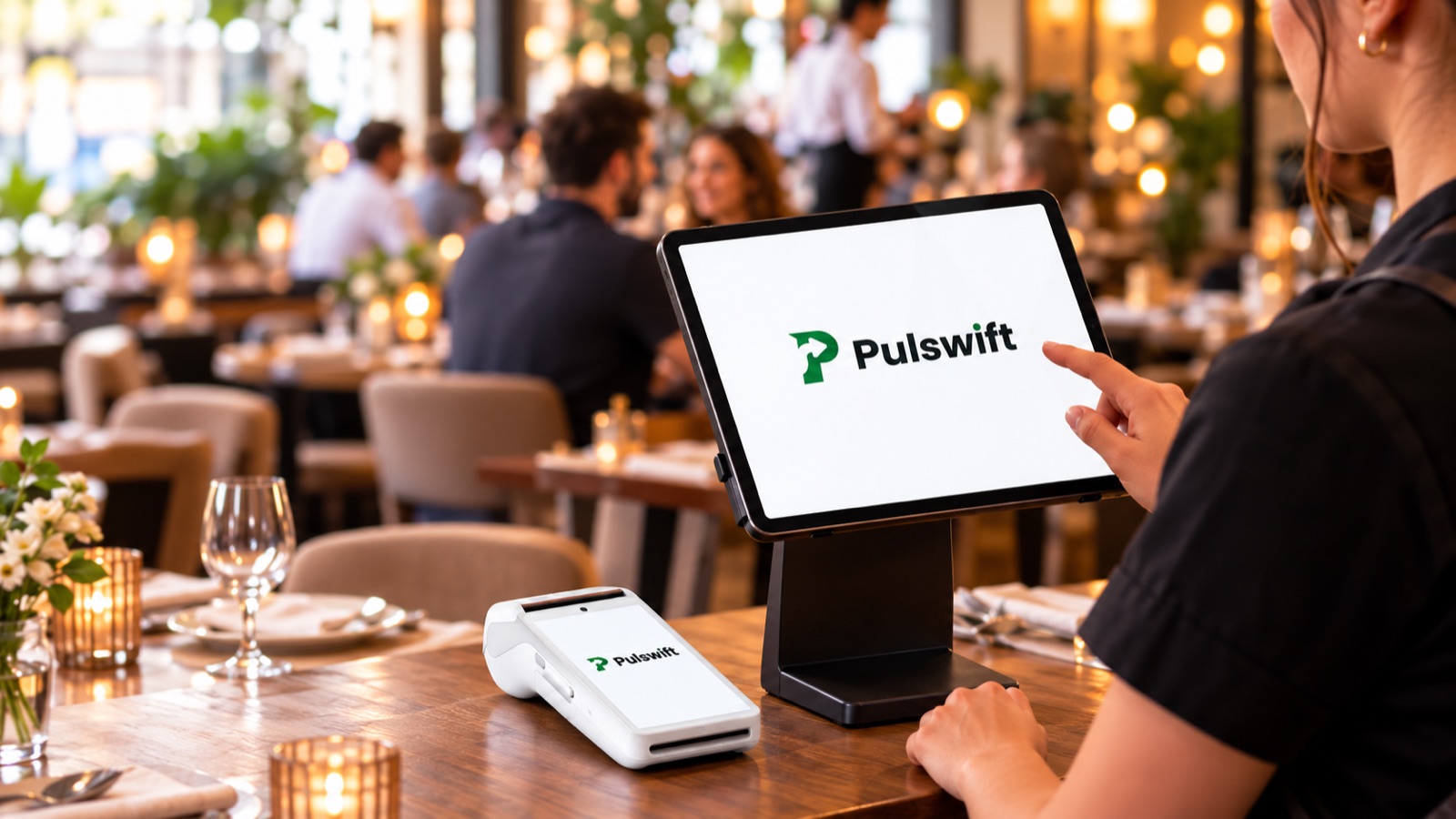 Une serveuse utilise la caisse tactile Pulswift en salle, le terminal de paiement posé à côté.