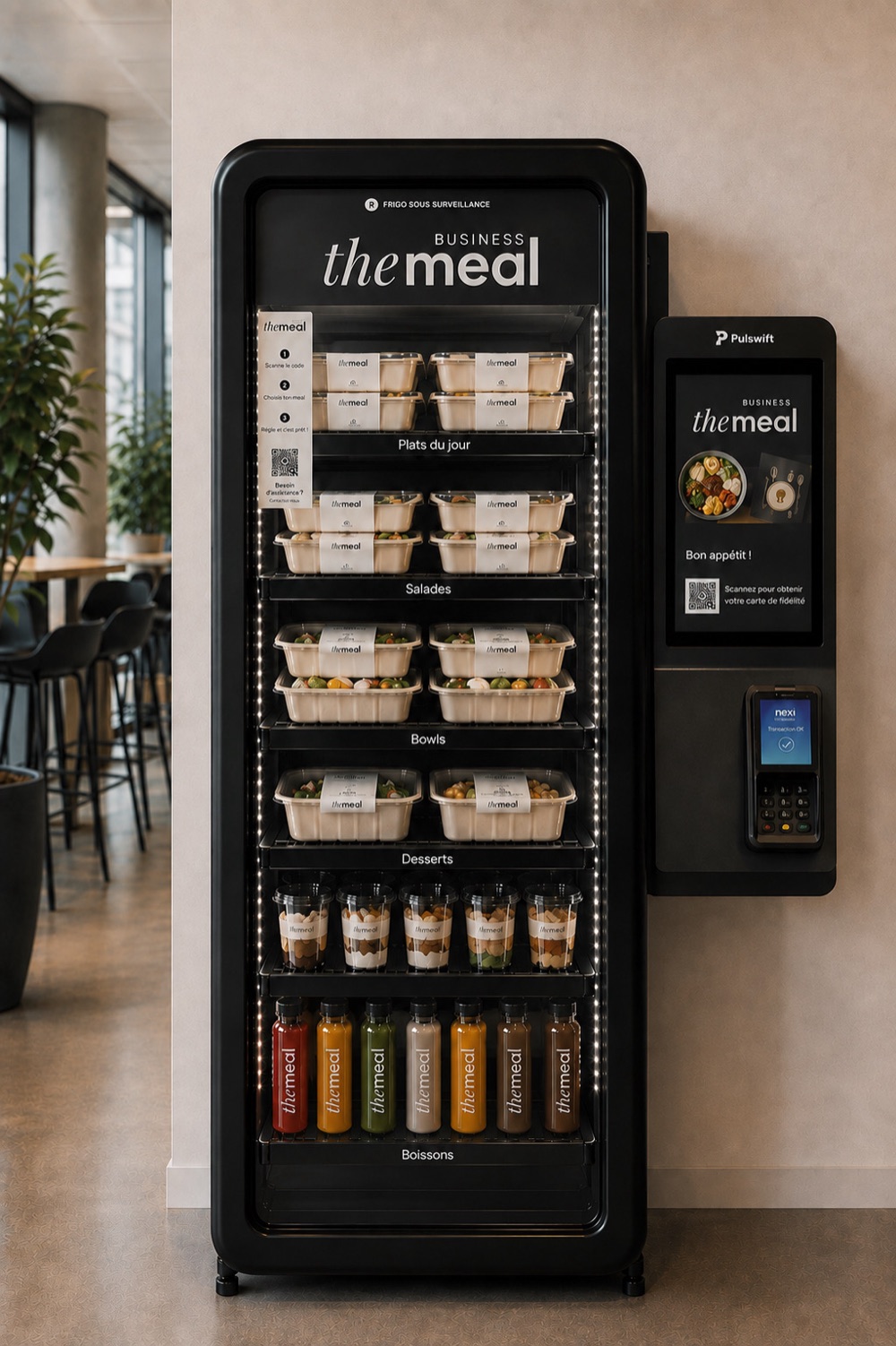 Borne Pulswift 15,6 pouces fixée sur mesure au flanc d'un frigo connecté The Meal, avec terminal de paiement intégré sous l'écran.